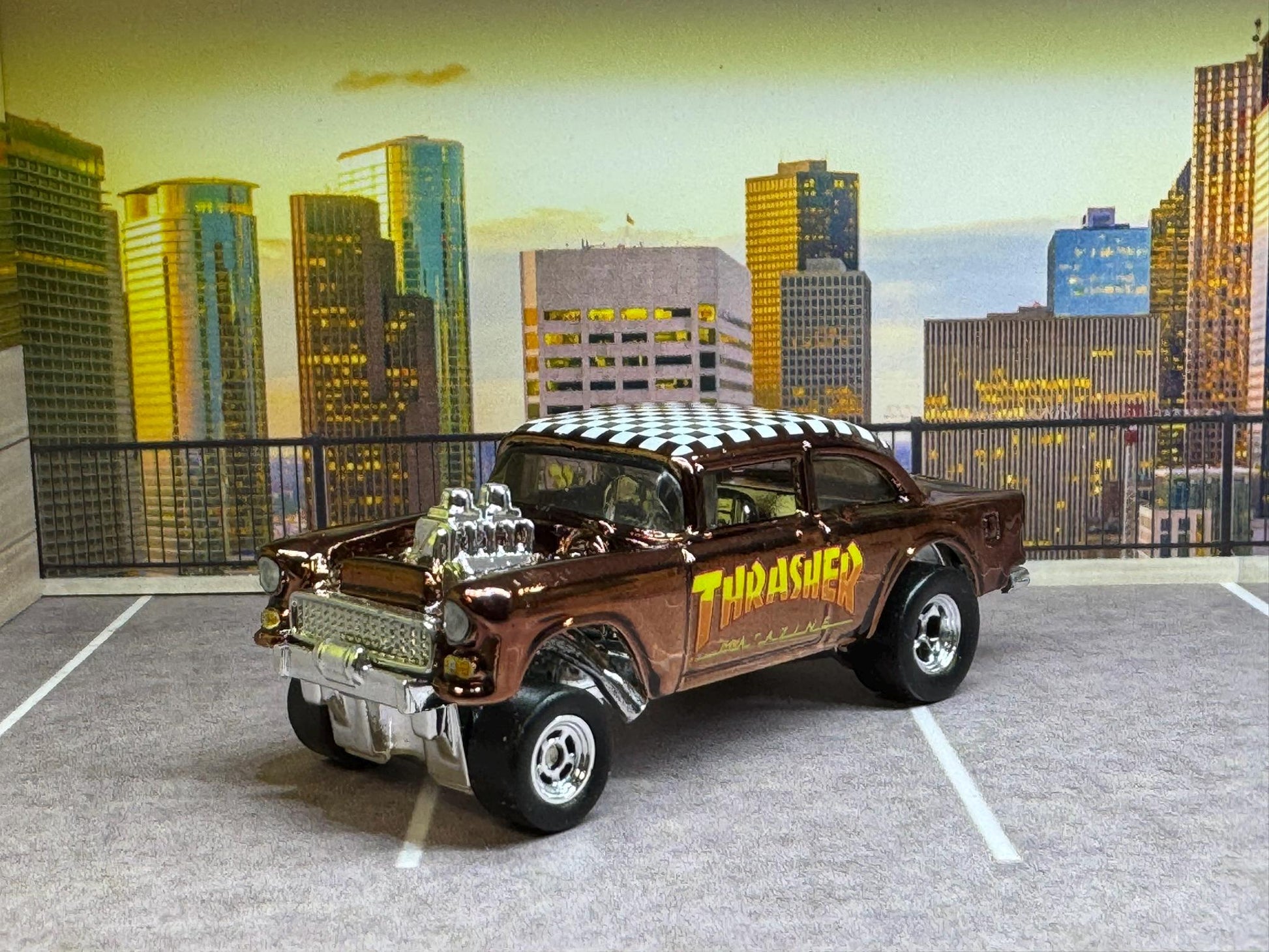 1-64 Scale / S-Scale Custom Hydrochromed 1955 Chevy Gasser Candy Chocolate Brown with Real Riders