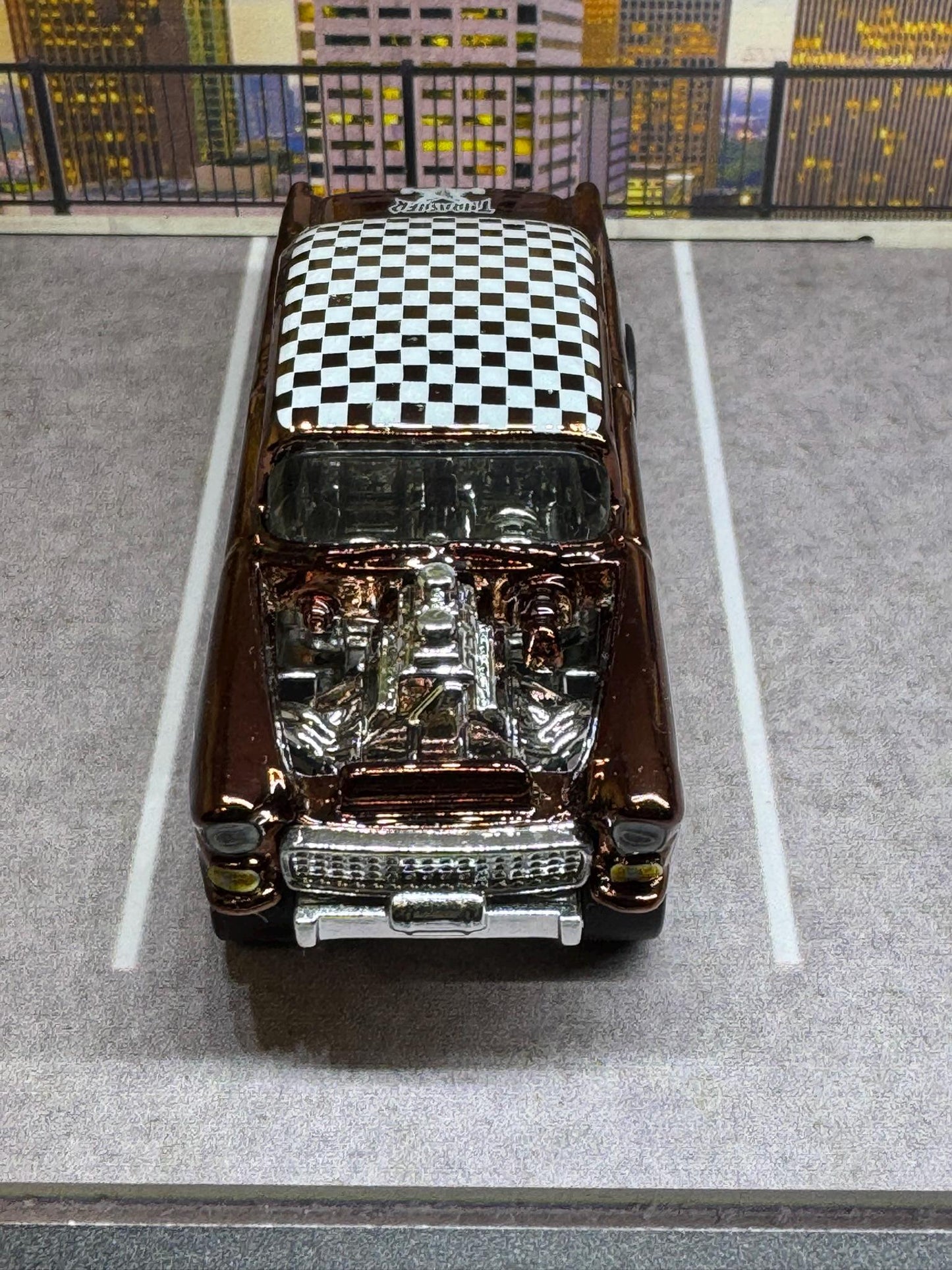 1-64 Scale / S-Scale Custom Hydrochromed 1955 Chevy Gasser Candy Chocolate Brown with Real Riders