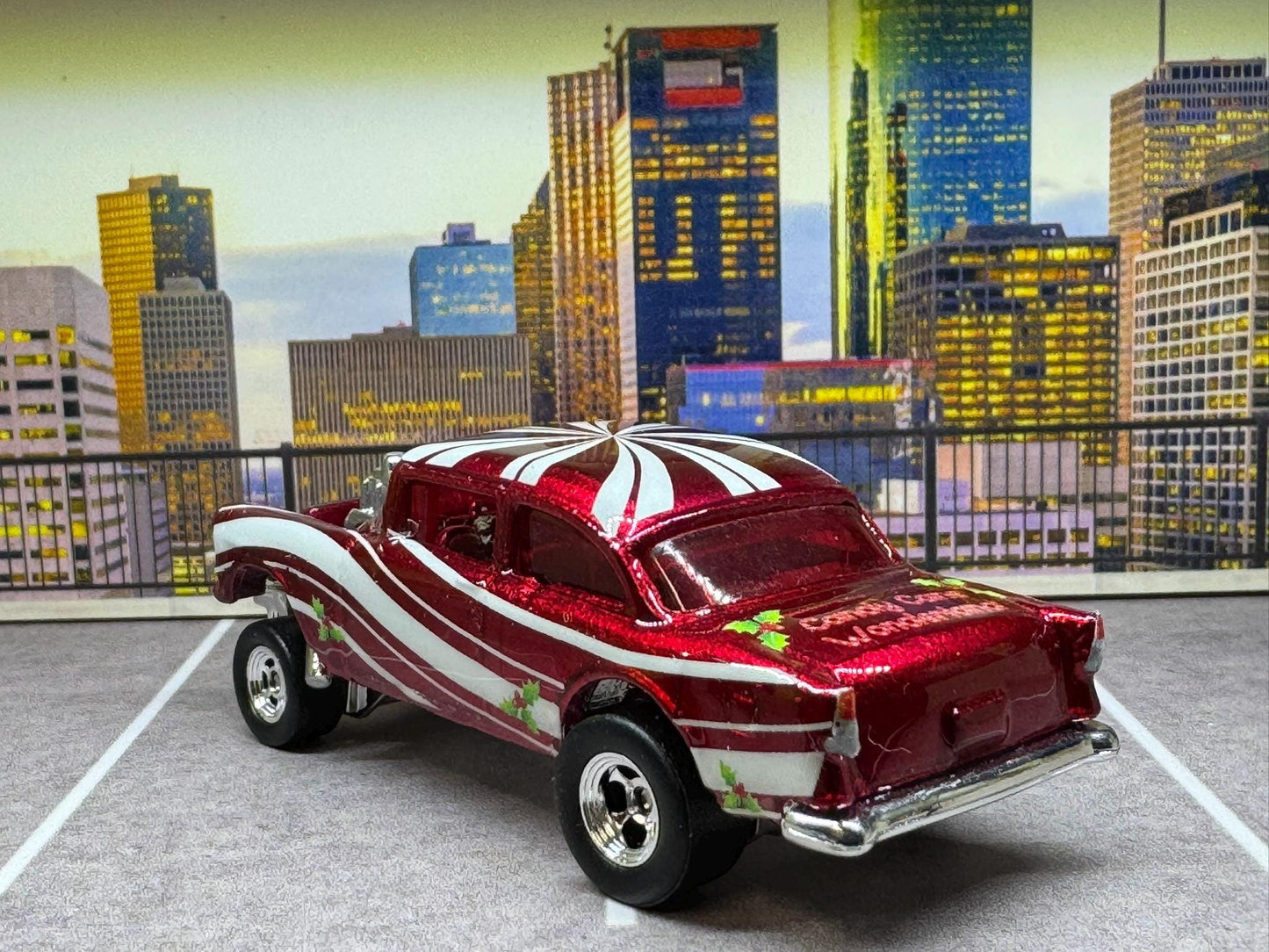 1-64 Scale / S-Scale Custom Hydrochromed 1955 Chevy Gasser Candy Cane with Real Riders - Holiday Car Red