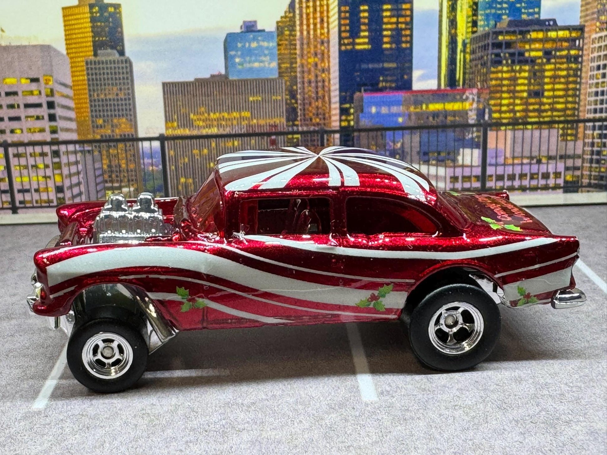 1-64 Scale / S-Scale Custom Hydrochromed 1955 Chevy Gasser Candy Cane with Real Riders - Holiday Car Red