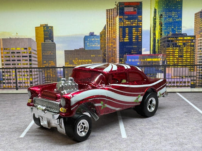 1-64 Scale / S-Scale Custom Hydrochromed 1955 Chevy Gasser Candy Cane with Real Riders - Holiday Car Red