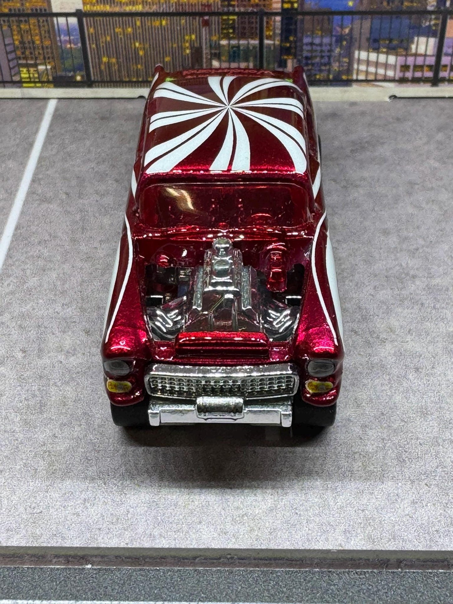 1-64 Scale / S-Scale Custom Hydrochromed 1955 Chevy Gasser Candy Cane with Real Riders - Holiday Car Red