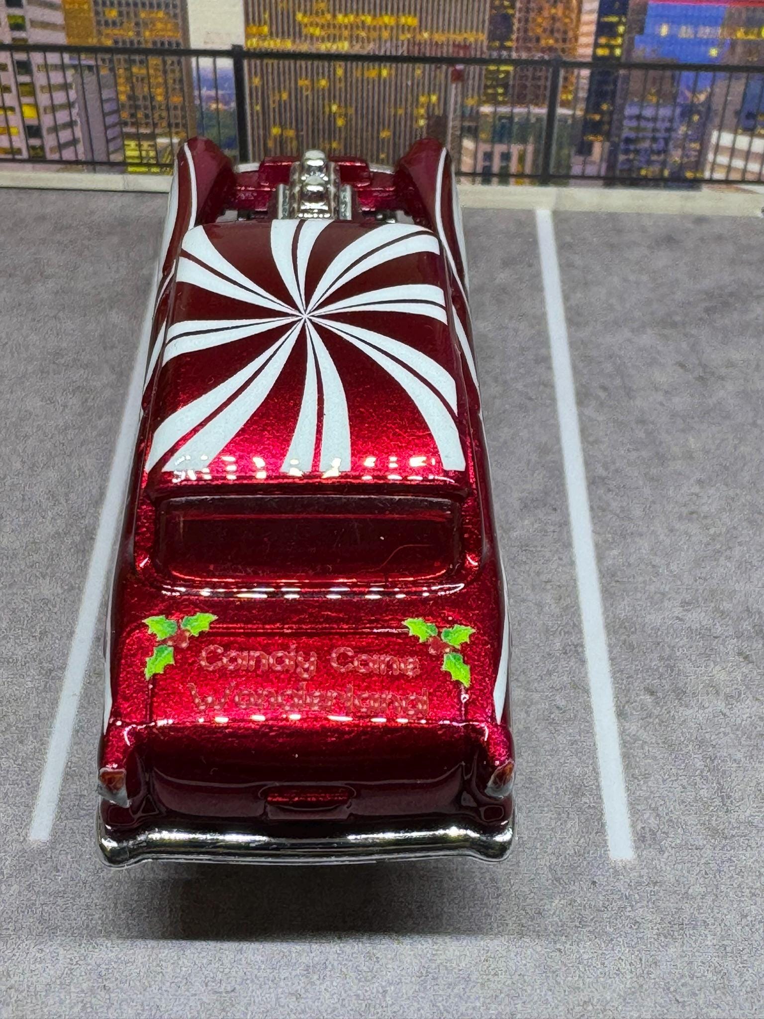 1-64 Scale / S-Scale Custom Hydrochromed 1955 Chevy Gasser Candy Cane with Real Riders - Holiday Car Red