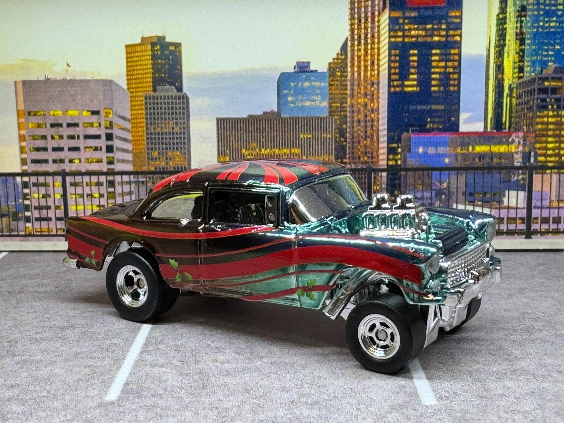 1-64 Scale / S-Scale Custom Hydrochromed 1955 Chevy Gasser Candy Green with Real Riders - Holiday Car Green