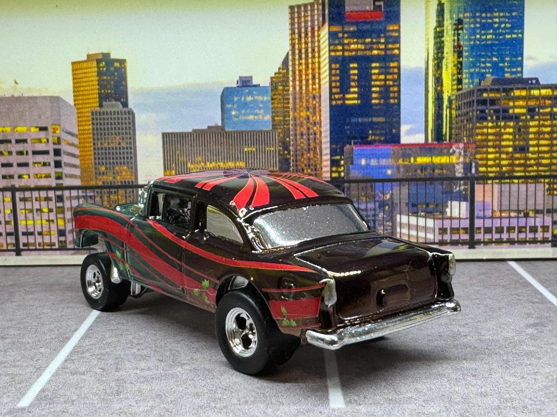 1-64 Scale / S-Scale Custom Hydrochromed 1955 Chevy Gasser Candy Green with Real Riders - Holiday Car Green