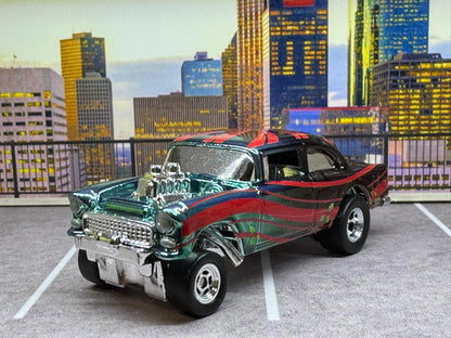 1-64 Scale / S-Scale Custom Hydrochromed 1955 Chevy Gasser Candy Green with Real Riders - Holiday Car Green