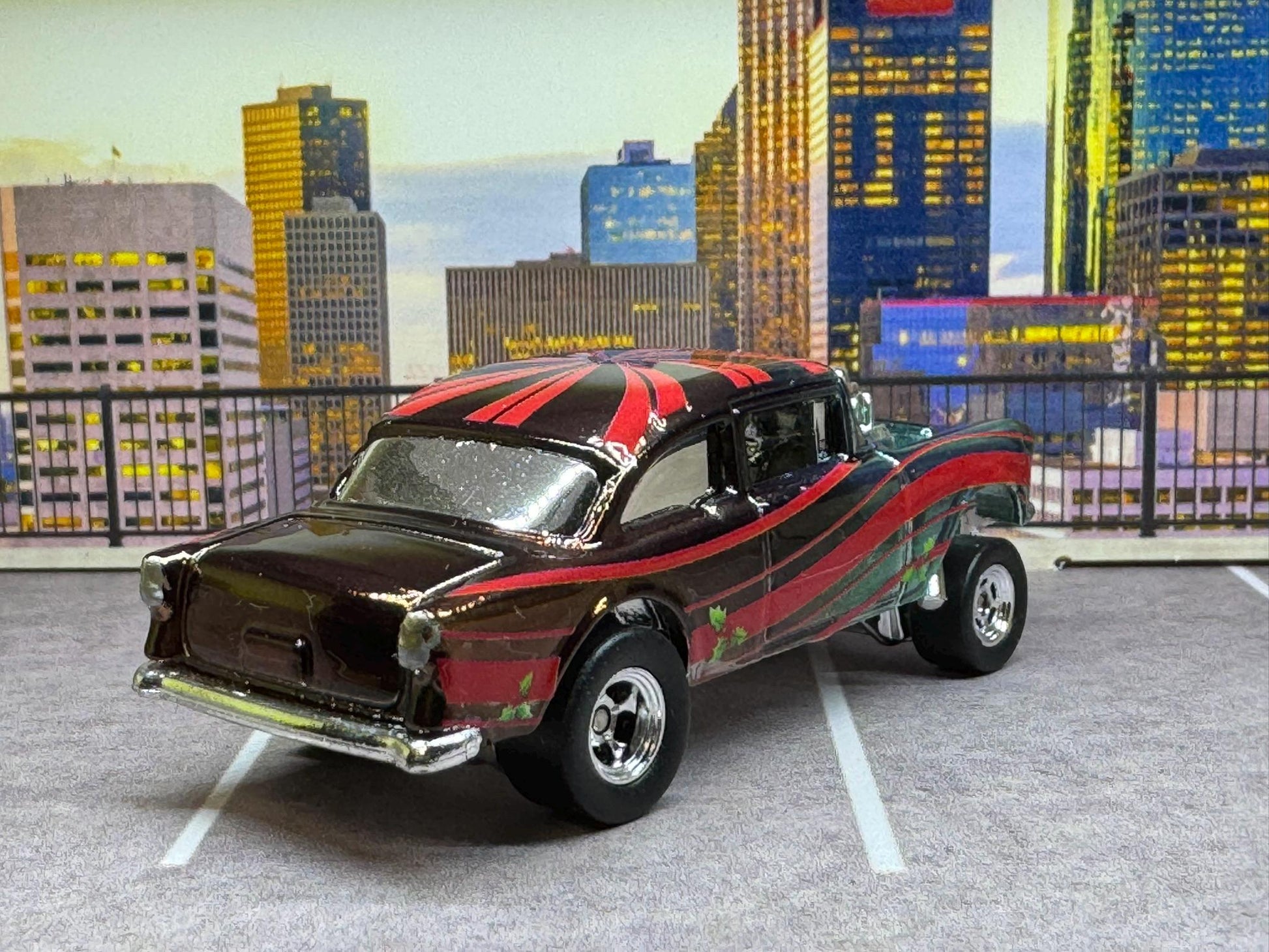 1-64 Scale / S-Scale Custom Hydrochromed 1955 Chevy Gasser Candy Green with Real Riders - Holiday Car Green