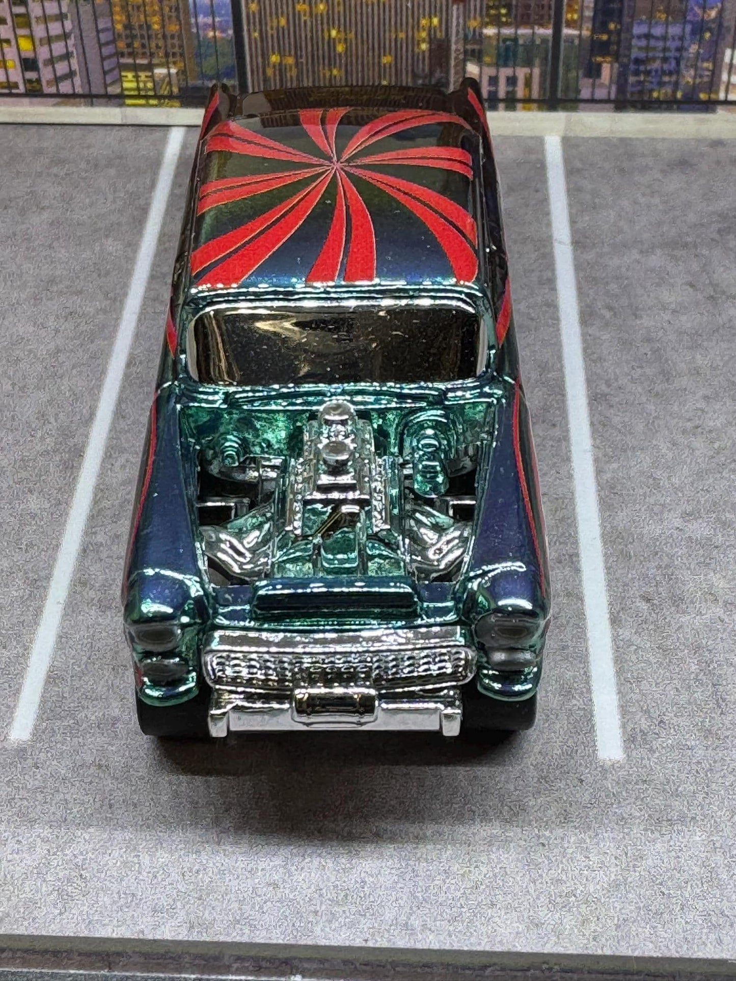 1-64 Scale / S-Scale Custom Hydrochromed 1955 Chevy Gasser Candy Green with Real Riders - Holiday Car Green