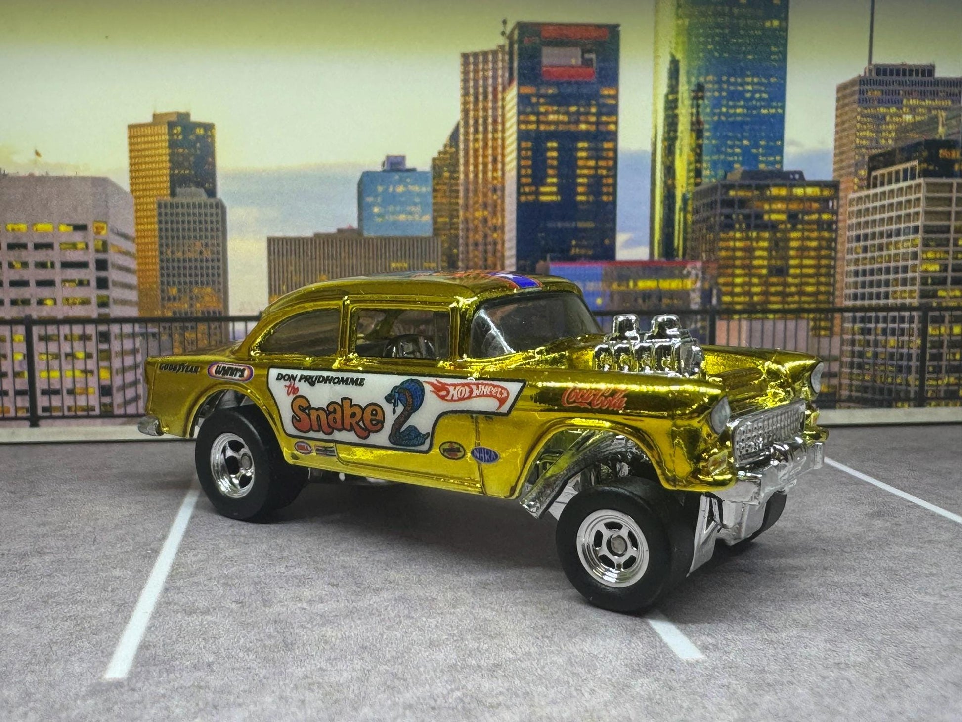 1-64 Scale / S-Scale Custom Hydrochromed 1955 Chevy Gasser Candy Gold with Real Riders