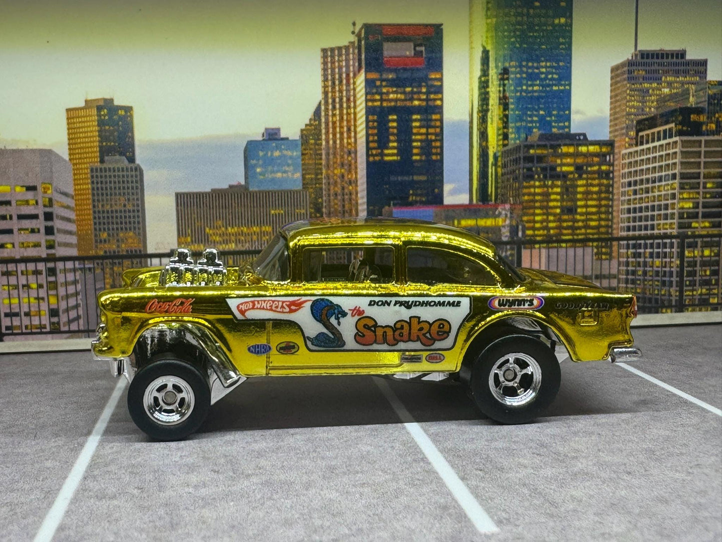 1-64 Scale / S-Scale Custom Hydrochromed 1955 Chevy Gasser Candy Gold with Real Riders