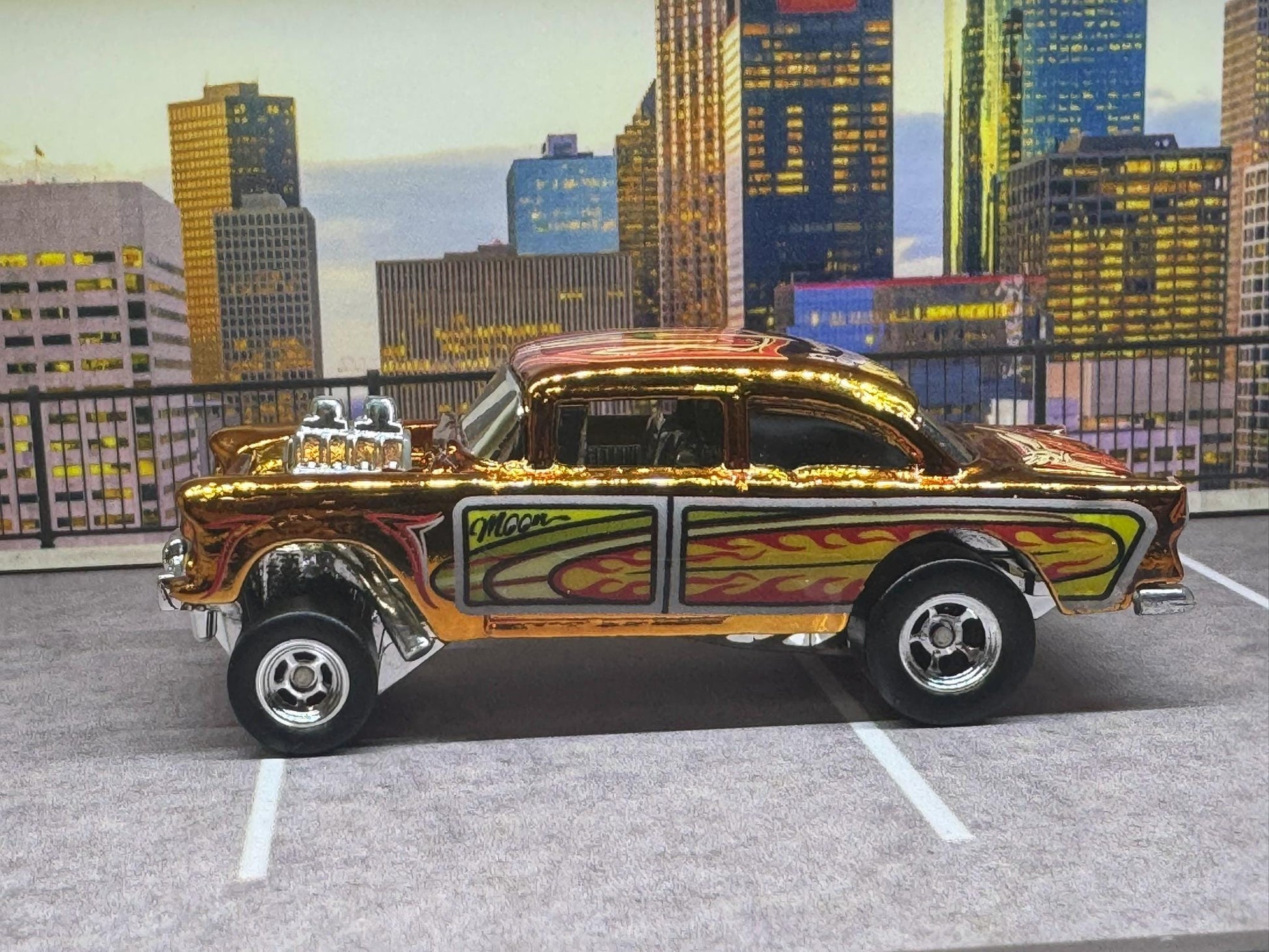 1-64 Scale / S-Scale Custom Hydrochromed 1955 Chevy Gasser Candy Gold Mooneyes with Real Riders