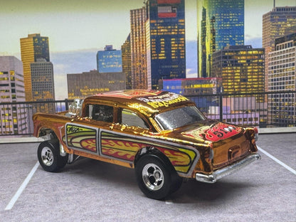 1-64 Scale / S-Scale Custom Hydrochromed 1955 Chevy Gasser Candy Gold Mooneyes with Real Riders