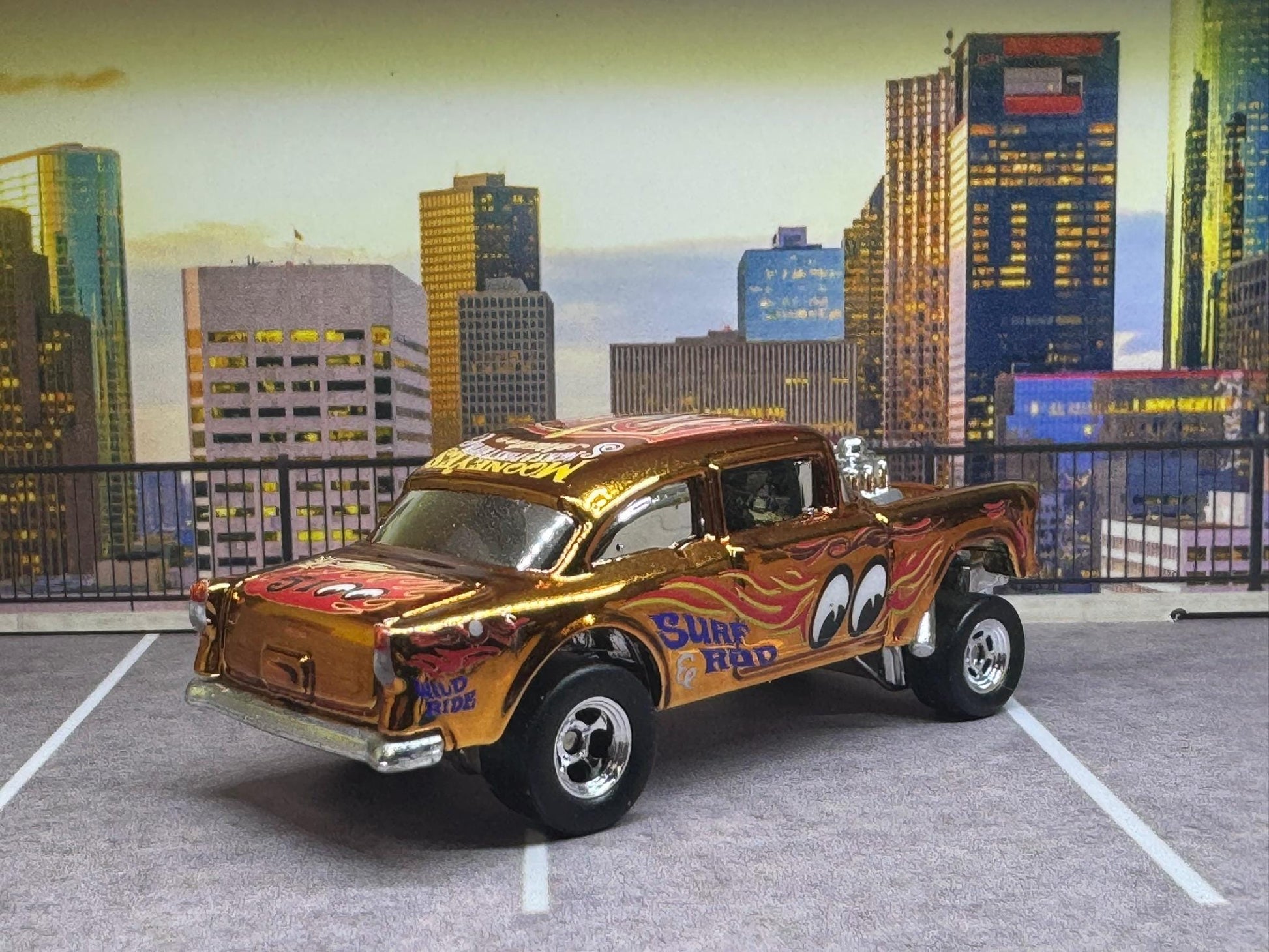 1-64 Scale / S-Scale Custom Hydrochromed 1955 Chevy Gasser Candy Gold Mooneyes with Real Riders