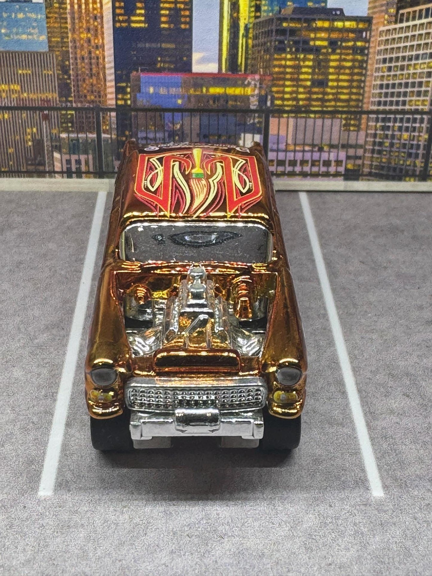 1-64 Scale / S-Scale Custom Hydrochromed 1955 Chevy Gasser Candy Gold Mooneyes with Real Riders