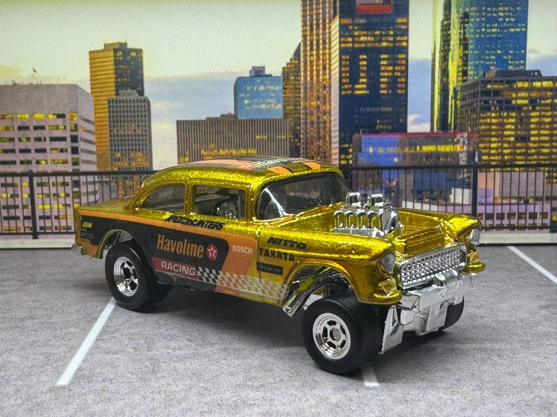 1-64 Scale / S-Scale Custom Hydrochromed 1955 Chevy Gasser Candy Yellow Gold Havoline with Real Riders