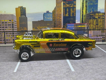 1-64 Scale / S-Scale Custom Hydrochromed 1955 Chevy Gasser Candy Yellow Gold Havoline with Real Riders