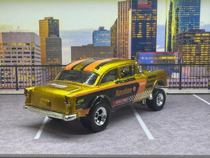 1-64 Scale / S-Scale Custom Hydrochromed 1955 Chevy Gasser Candy Yellow Gold Havoline with Real Riders