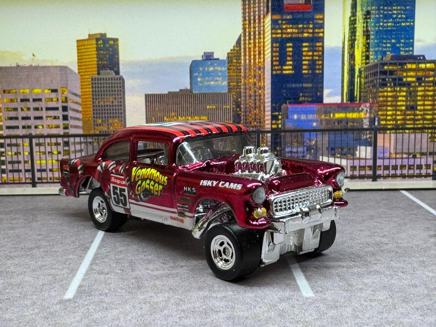 1-64 Scale / S-Scale Custom Hydrochromed 1955 Chevy Gasser Candy Apple Red with Real Riders