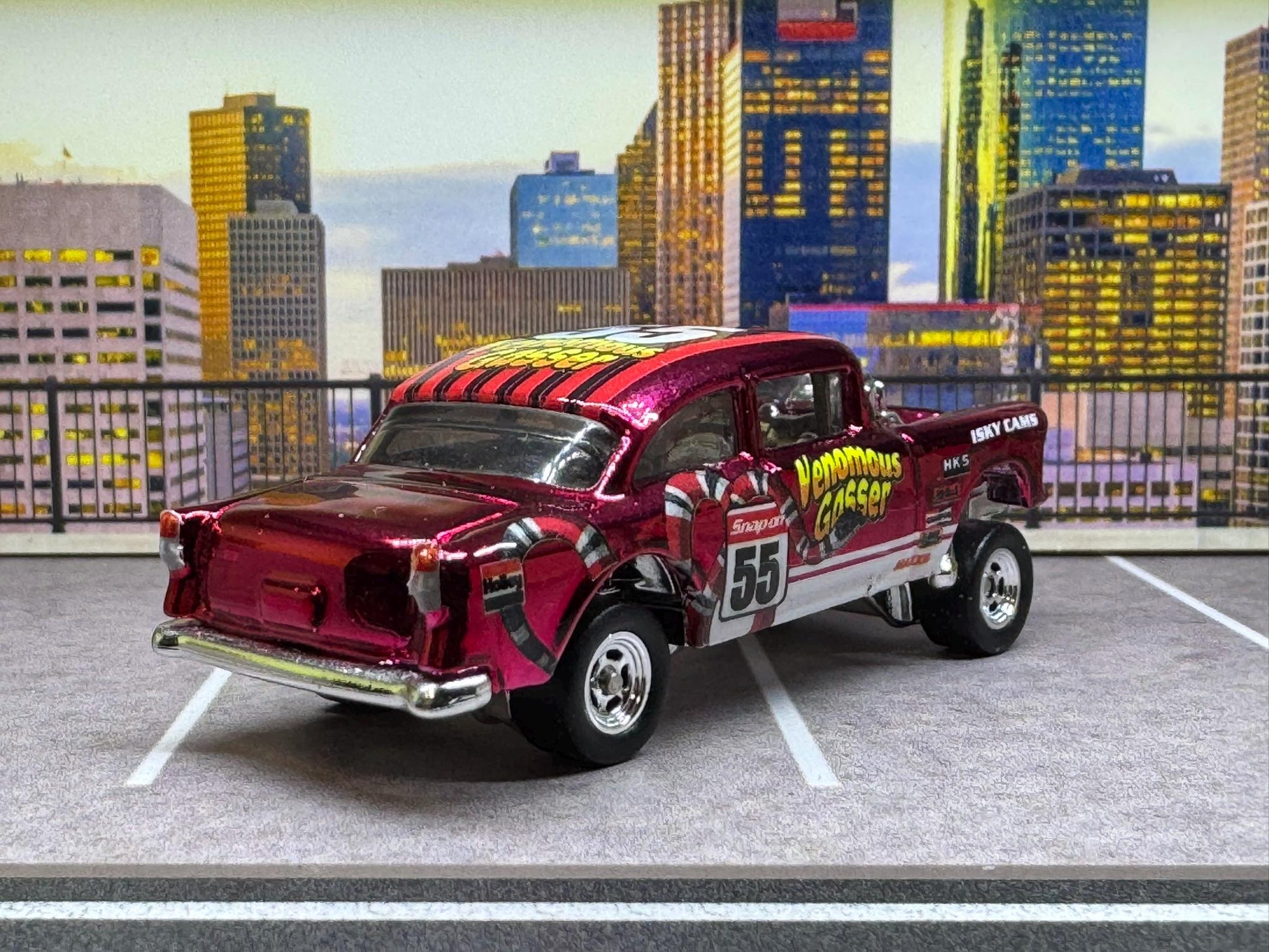 1-64 Scale / S-Scale Custom Hydrochromed 1955 Chevy Gasser Candy Apple Red with Real Riders