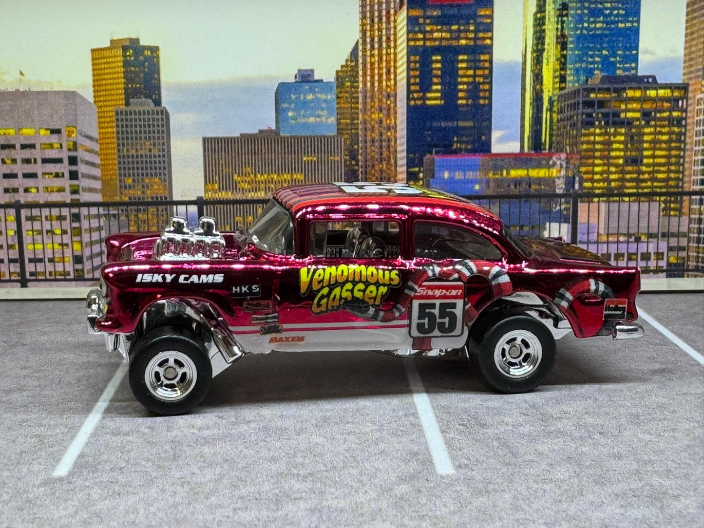 1-64 Scale / S-Scale Custom Hydrochromed 1955 Chevy Gasser Candy Apple Red with Real Riders