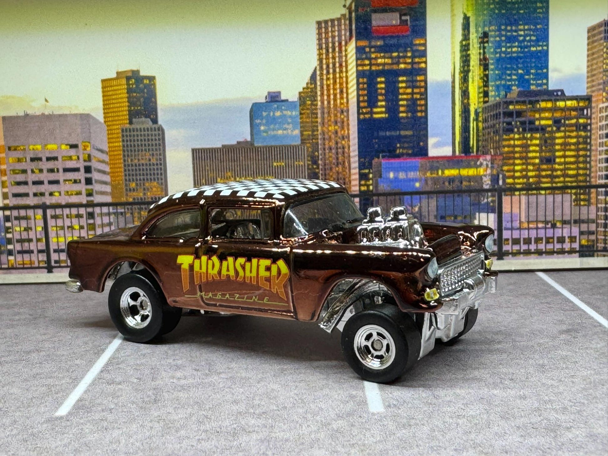 1-64 Scale / S-Scale Custom Hydrochromed 1955 Chevy Gasser Candy Chocolate Brown with Real Riders