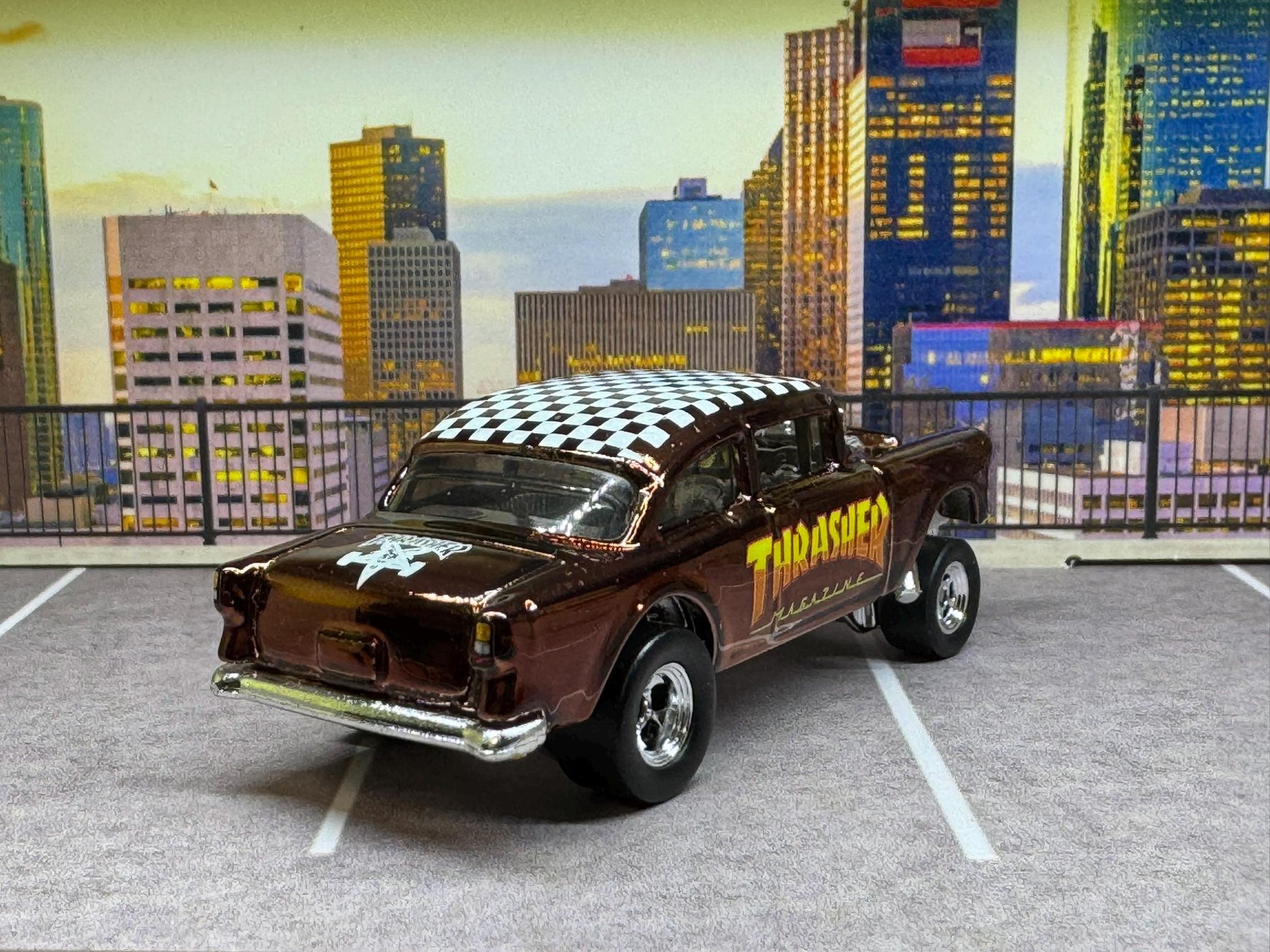 1-64 Scale / S-Scale Custom Hydrochromed 1955 Chevy Gasser Candy Chocolate Brown with Real Riders