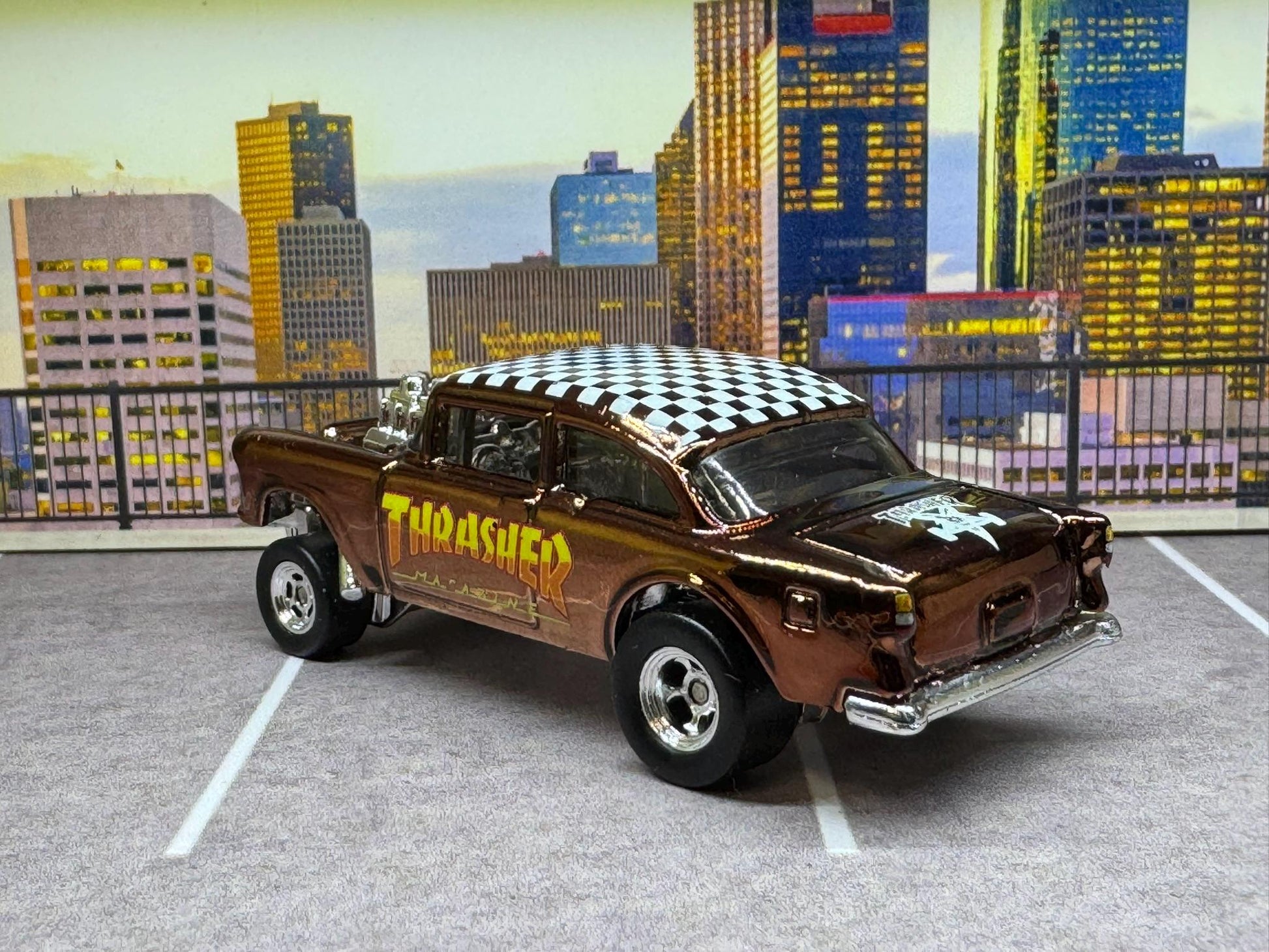 1-64 Scale / S-Scale Custom Hydrochromed 1955 Chevy Gasser Candy Chocolate Brown with Real Riders