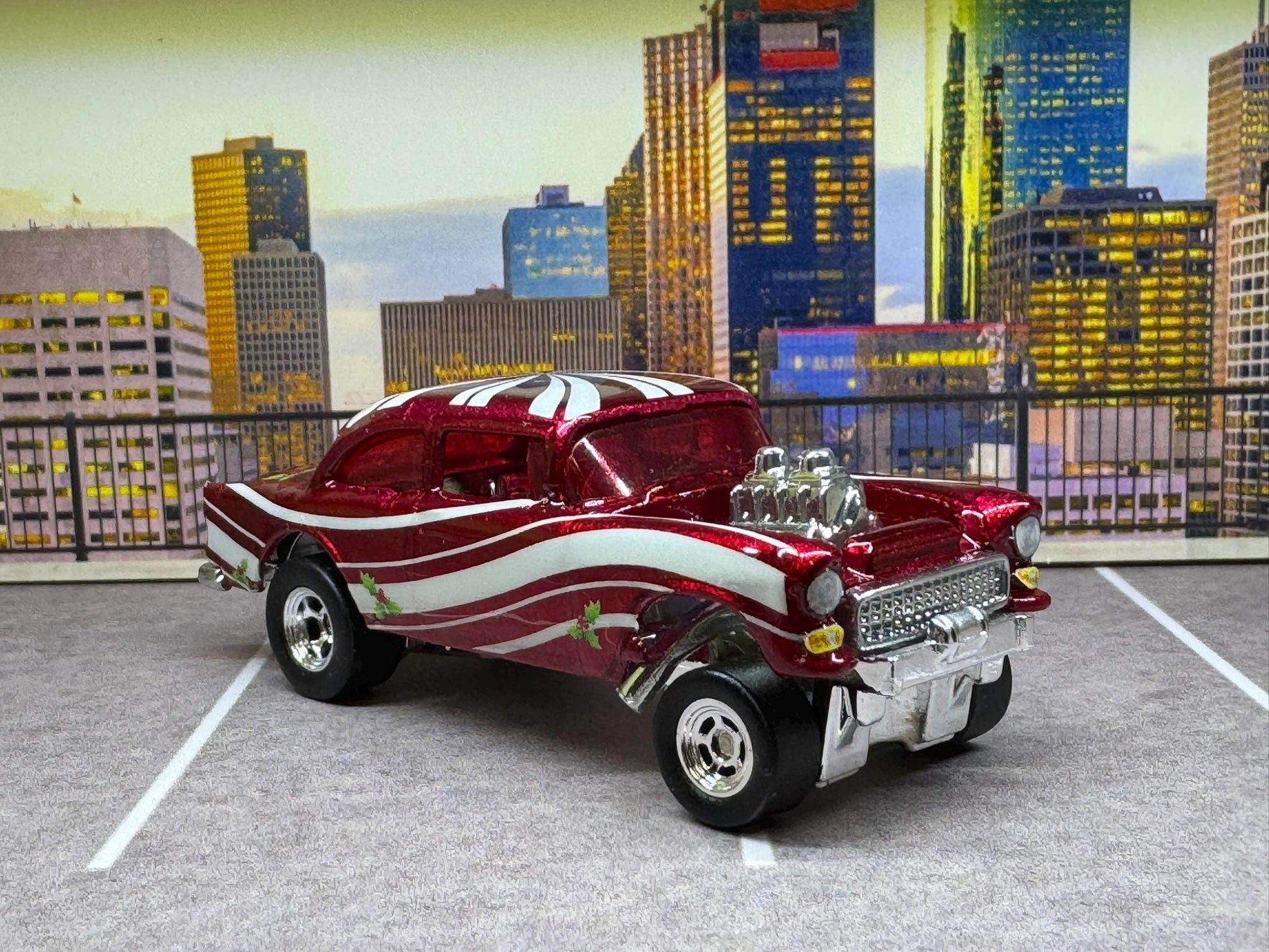 1-64 Scale / S-Scale Custom Hydrochromed 1955 Chevy Gasser Candy Cane with Real Riders - Holiday Car Red