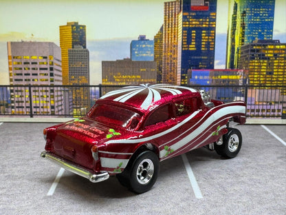 1-64 Scale / S-Scale Custom Hydrochromed 1955 Chevy Gasser Candy Cane with Real Riders - Holiday Car Red