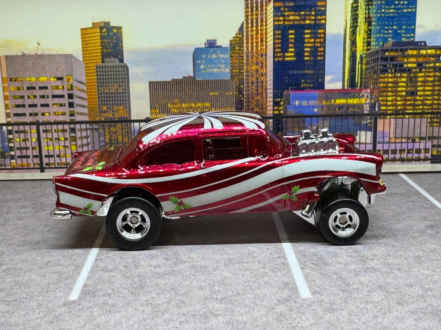 1-64 Scale / S-Scale Custom Hydrochromed 1955 Chevy Gasser Candy Cane with Real Riders - Holiday Car Red