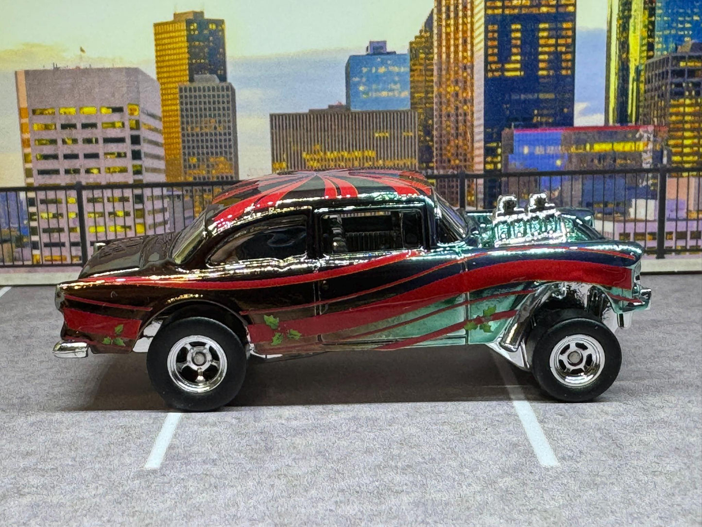 1-64 Scale / S-Scale Custom Hydrochromed 1955 Chevy Gasser Candy Green with Real Riders - Holiday Car Green