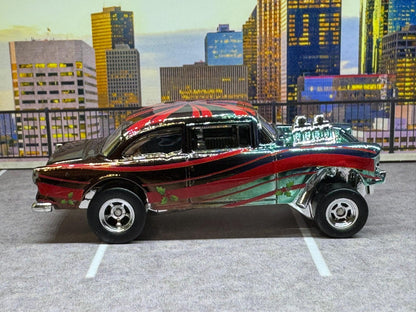 1-64 Scale / S-Scale Custom Hydrochromed 1955 Chevy Gasser Candy Green with Real Riders - Holiday Car Green