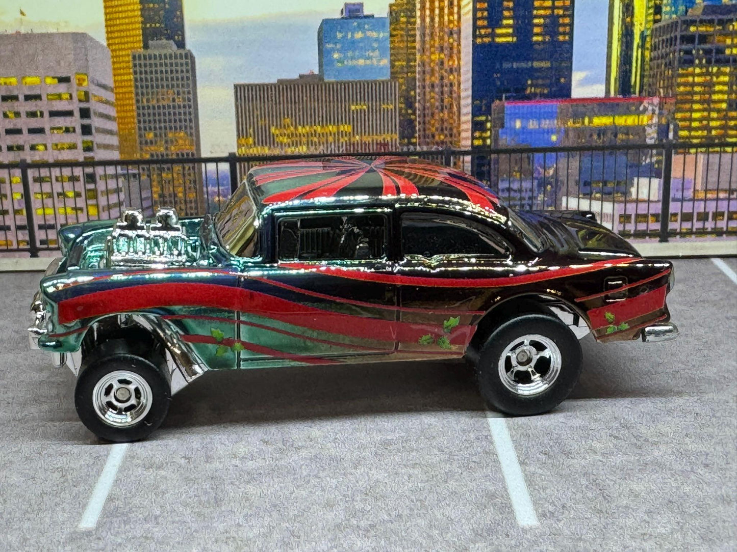 1-64 Scale / S-Scale Custom Hydrochromed 1955 Chevy Gasser Candy Green with Real Riders - Holiday Car Green