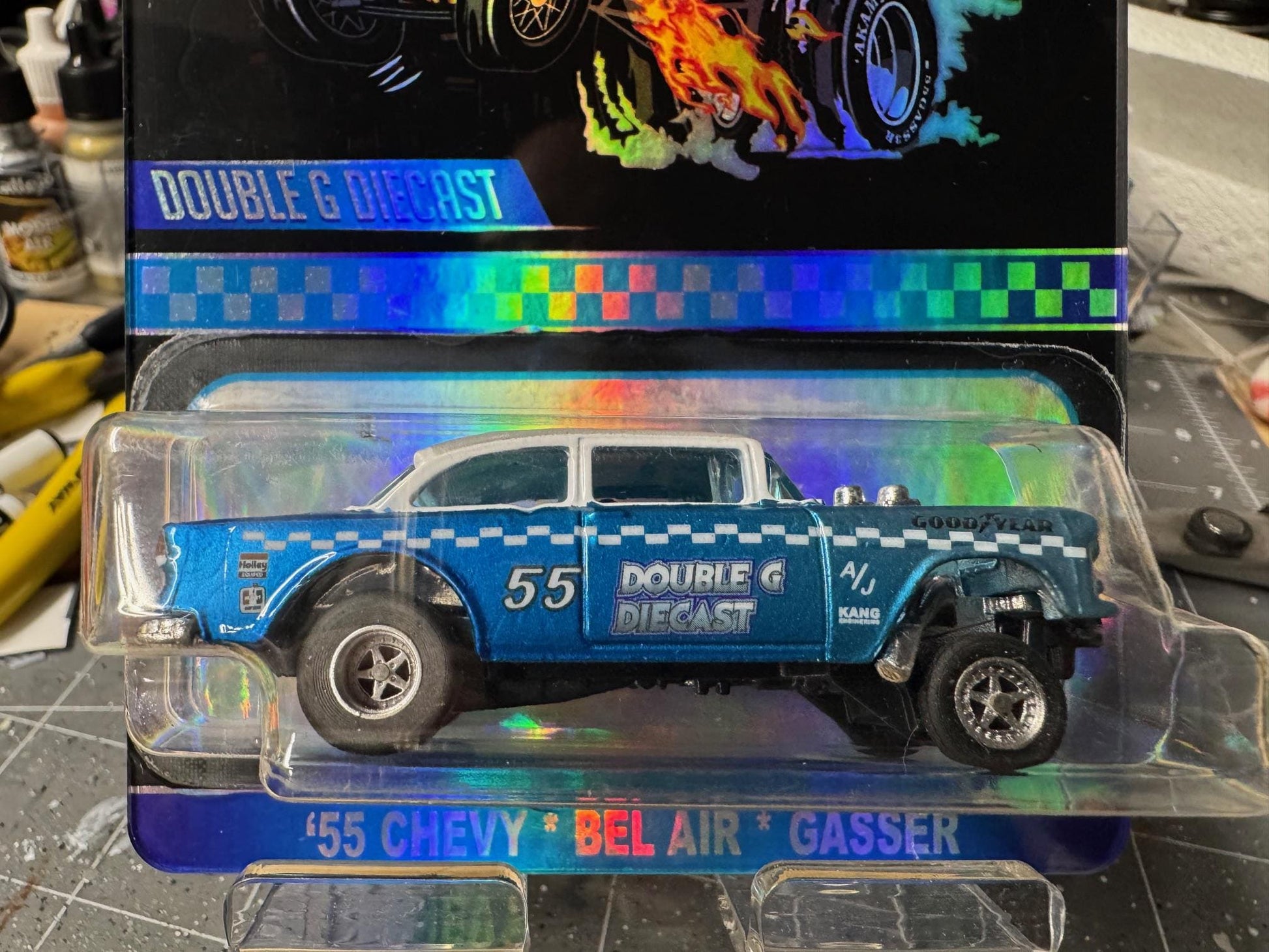 1-64 Scale / S-Scale Custom 1955 Chevy Gasser on Acylic Card Reflective Design 1 of 5 Made