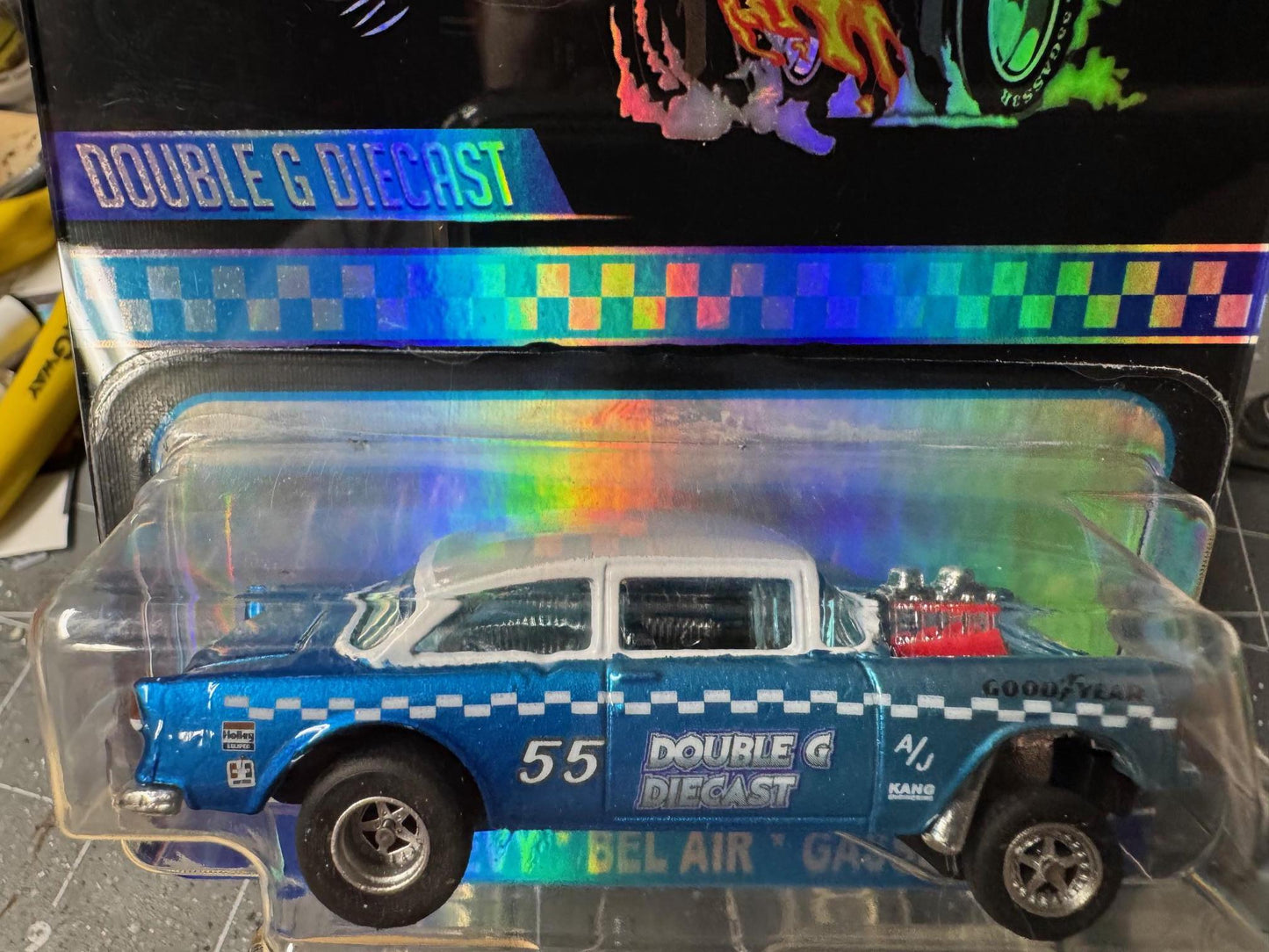1-64 Scale / S-Scale Custom 1955 Chevy Gasser on Acylic Card Reflective Design 1 of 5 Made